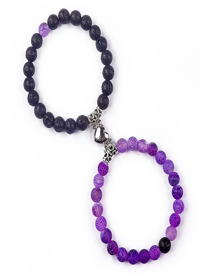 VDKIDKT Matching Couple Bracelets Healing Crystal Bracelets for Couples Matching Heart Bracelet for Lover Him & Her Boyfriend Girlfriend Valentine's Day Gifts (Purple Weathered Agate+ Black Lava Rock Stone) - Image 1